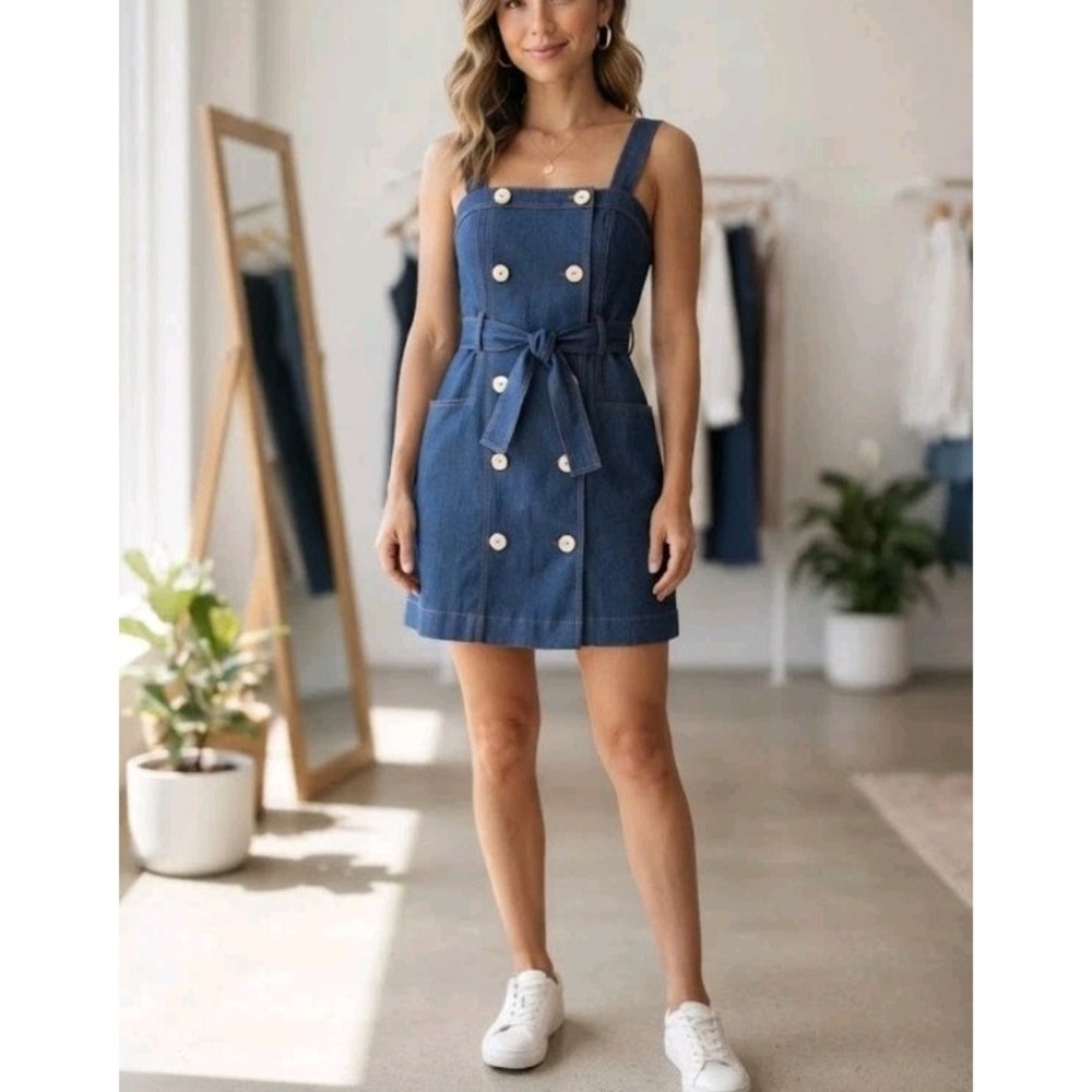 Creamon Denim Dress Womens M Blue Cotton Blend Button Front Belted Mini Pinafore